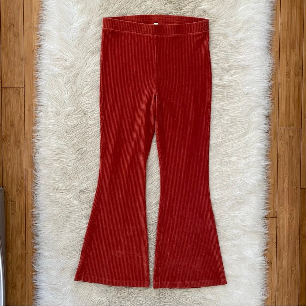 Aerie Groove On Burnt Orange Ribbed Velour Flare Pull On Pants Loungewear Active - Picture 2 of 11